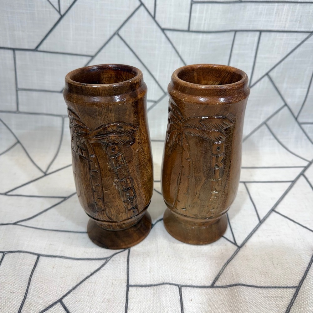 Sams Restaurant Group Tiki Mugs Pair Okinawa Brown Hand Carved Wood Palm Tree